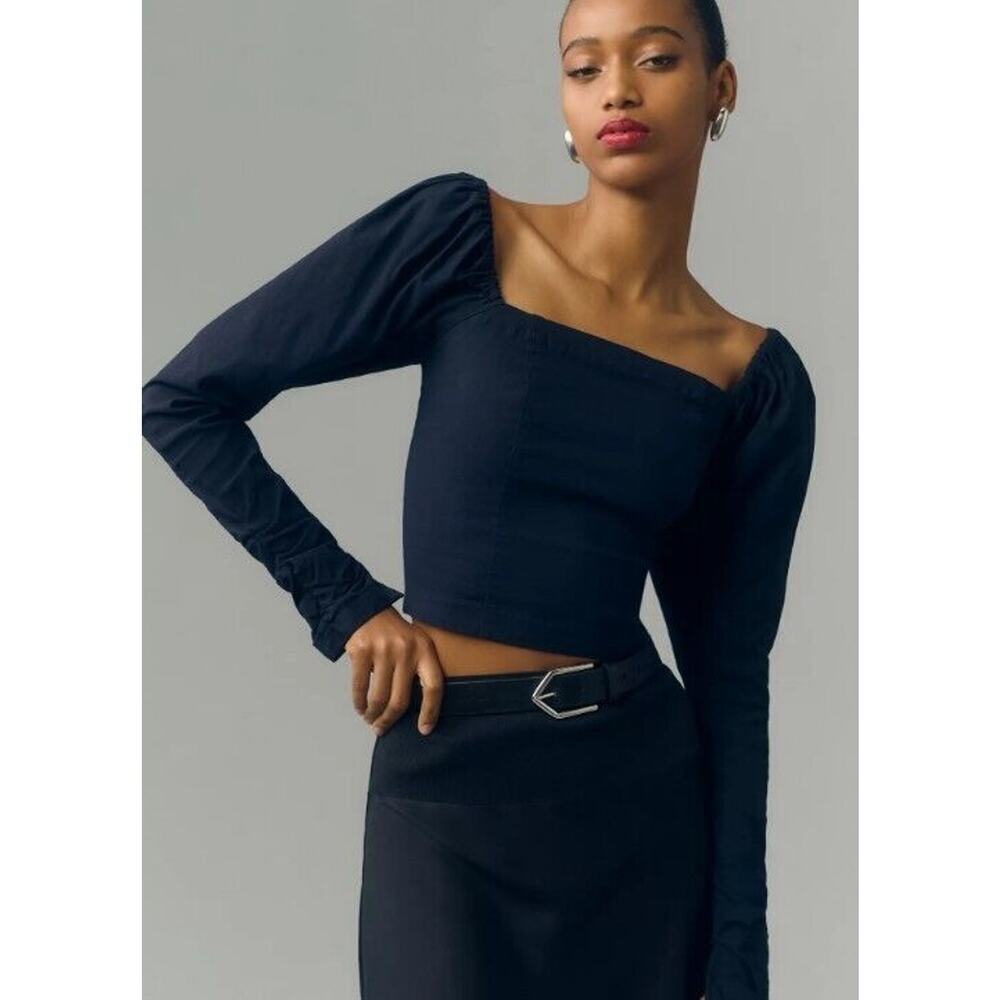 Anthropologie Maeve Top S Navy Blue Wynne Square Neck Smocked Back Shirt NEW